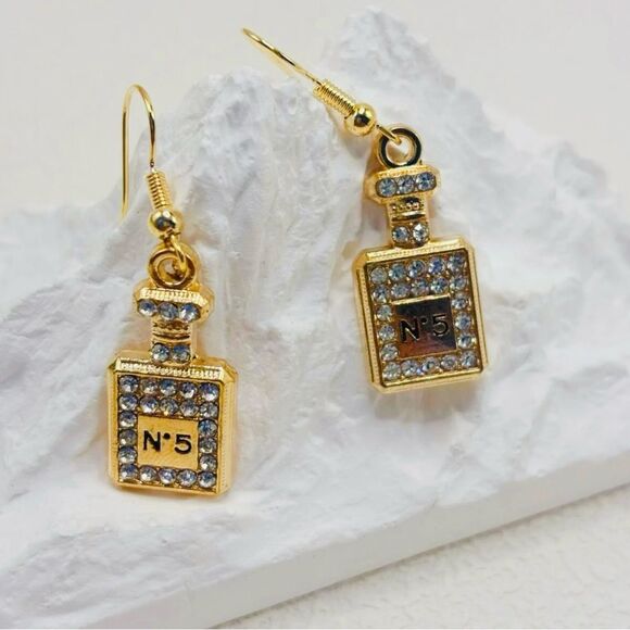 New Gold Perfume Bottle Crystal Earrings - Picture 1 of 8